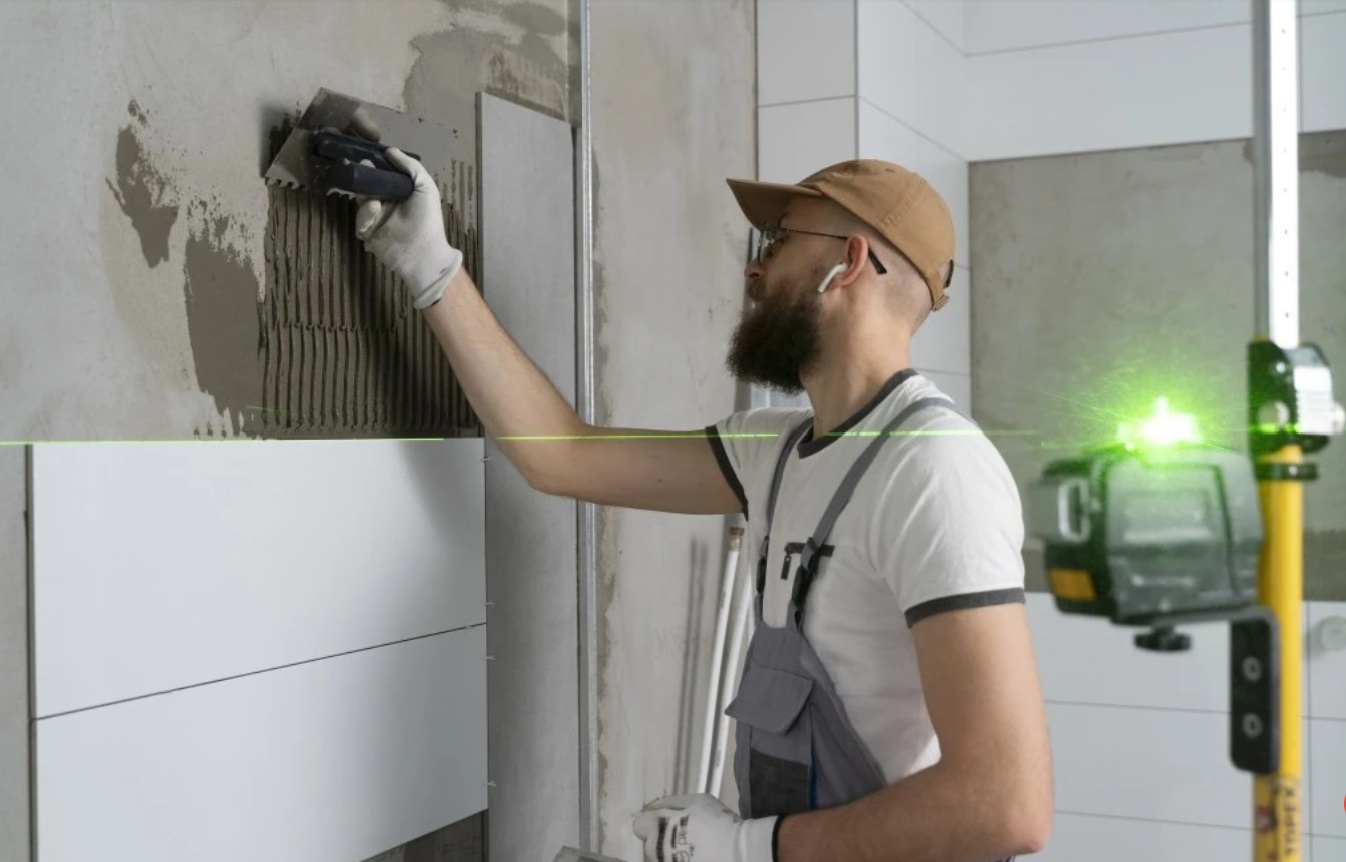 Vakman van Badkamer Verbouwen tijdens tegelwerk in een badkamerrenovatie